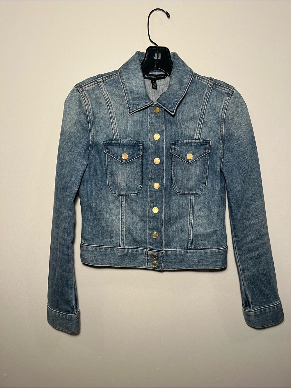 White House Black Market Light Blue Denim Jacket with Gold Buttons